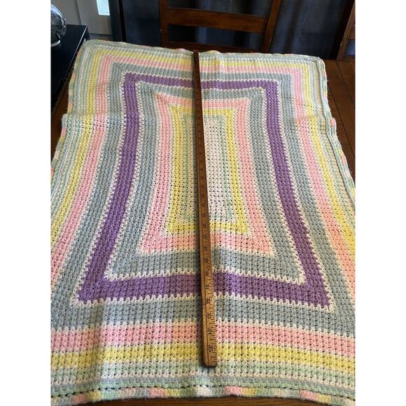 Pastel Rainbow Rectangle Handmade Crochet Knit Baby Blanket 1980s Retro Style - Picture 2 of 5